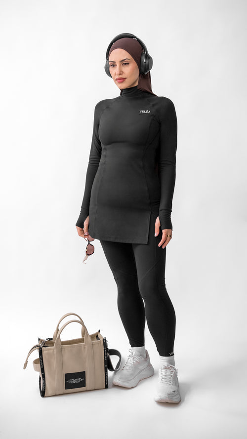 VELÉA Éclipse Edition tunic and legging set, matte black modest activewear