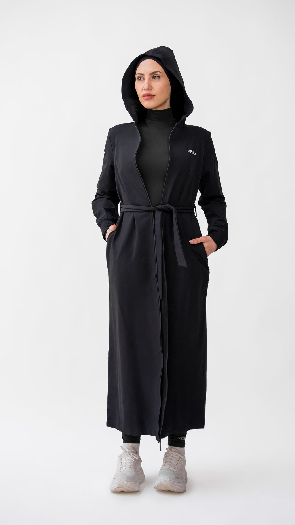 Céleste Cloak modest activewear cloak, front view detail