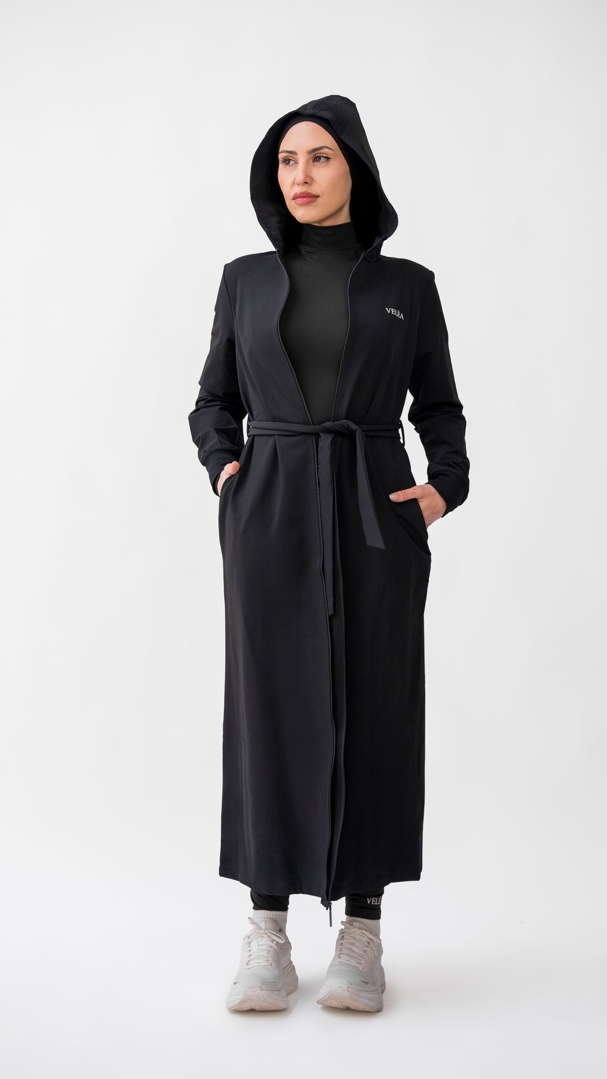 Céleste Cloak modest activewear cloak, front view detail