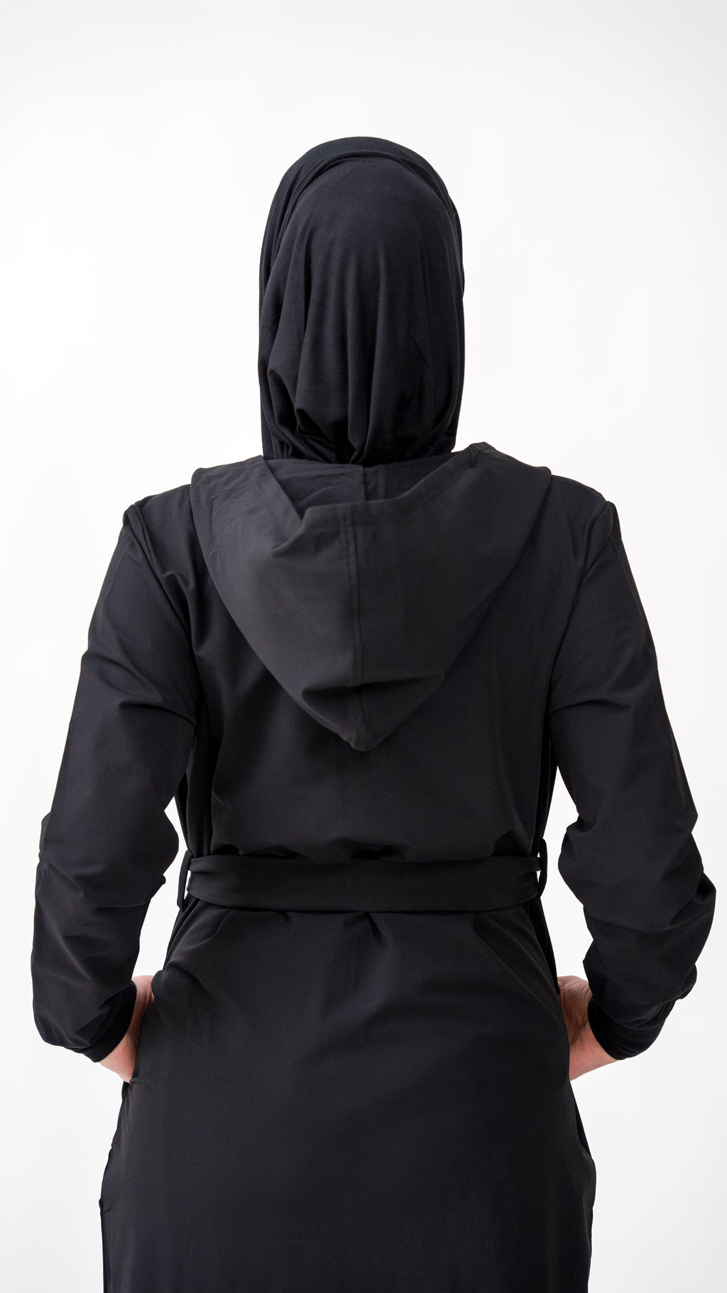 Céleste Cloak hood and tie belt detail, modest activewear