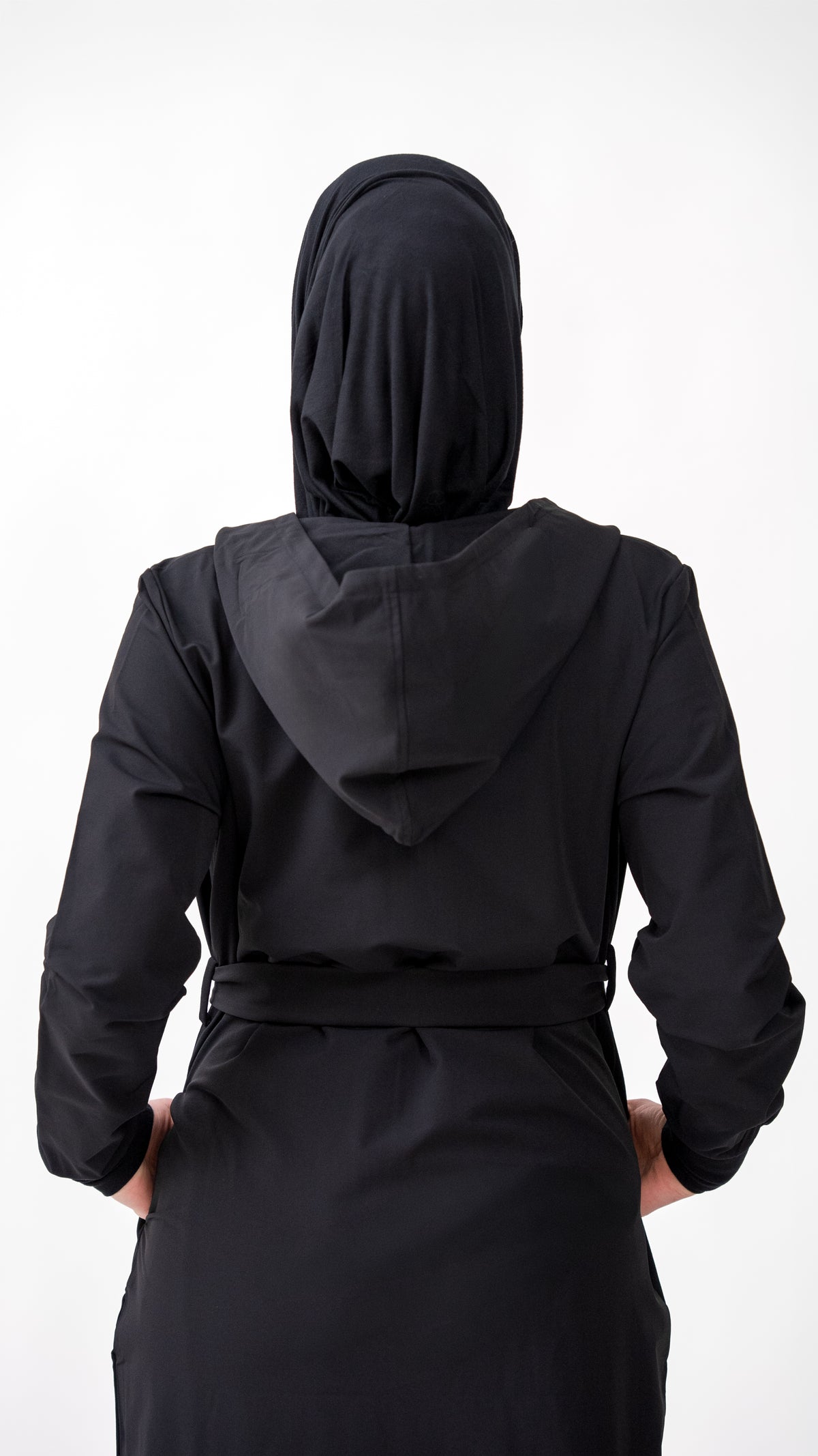Céleste Cloak hood and tie belt detail, modest activewear