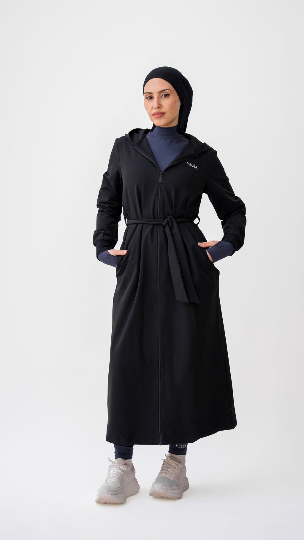 Céleste Cloak, oversized hooded layer worn open, matte black