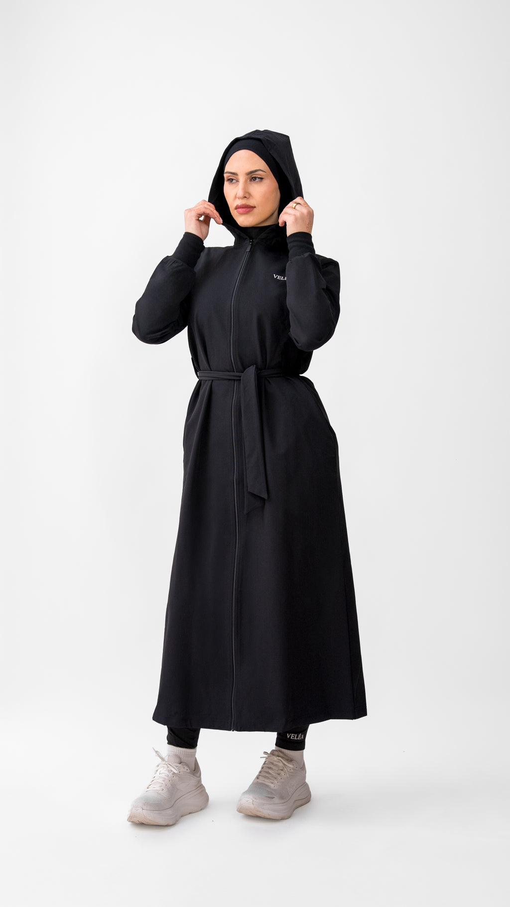Céleste Cloak tie belt and relaxed drape, modest activewear