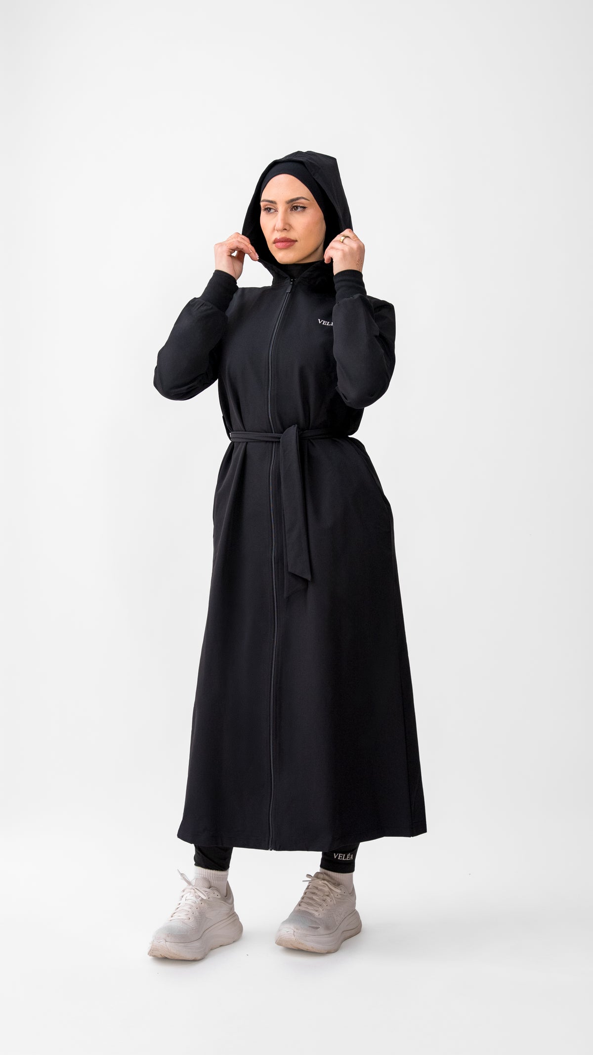 Céleste Cloak tie belt and relaxed drape, modest activewear